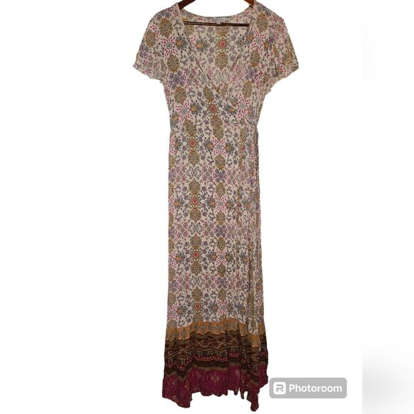 Patrons of Peace Boho Cream Floral Print True Wrap Maxi Dress Short Sleeve - M - Picture 6 of 7